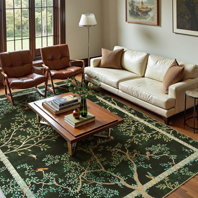 Floral Rug Botanical Birds Print Nature Plants Washable Non-slip