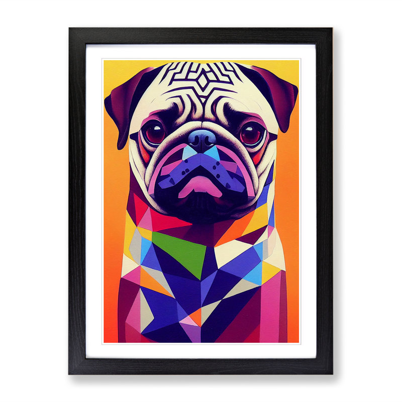 Pug Dog Geometric Vol.2 - Single Picture Frame Painting, 34cm H x 25cm W x 2cm D, Walnut