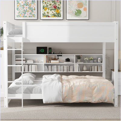 Queen Over Queen Bunk Bed With Storage Cabinets And USB Ports