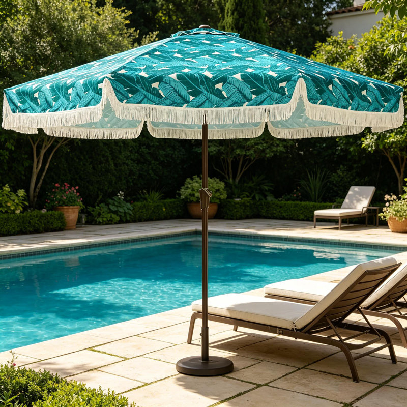 Parasol de patio à franges 10pi avec manivelle pour patio, Motif floral bleu, L 120 po x P 120 po