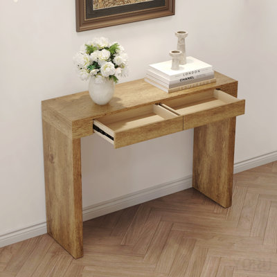 Élégante table de bar en grain de bois naturel - 50 pouces de long, un choix pratique pour les maisons modernes. Autocollant texturé en grain de bois, équipé de deux tiroirs. Servant de table de bar ou de bureau.