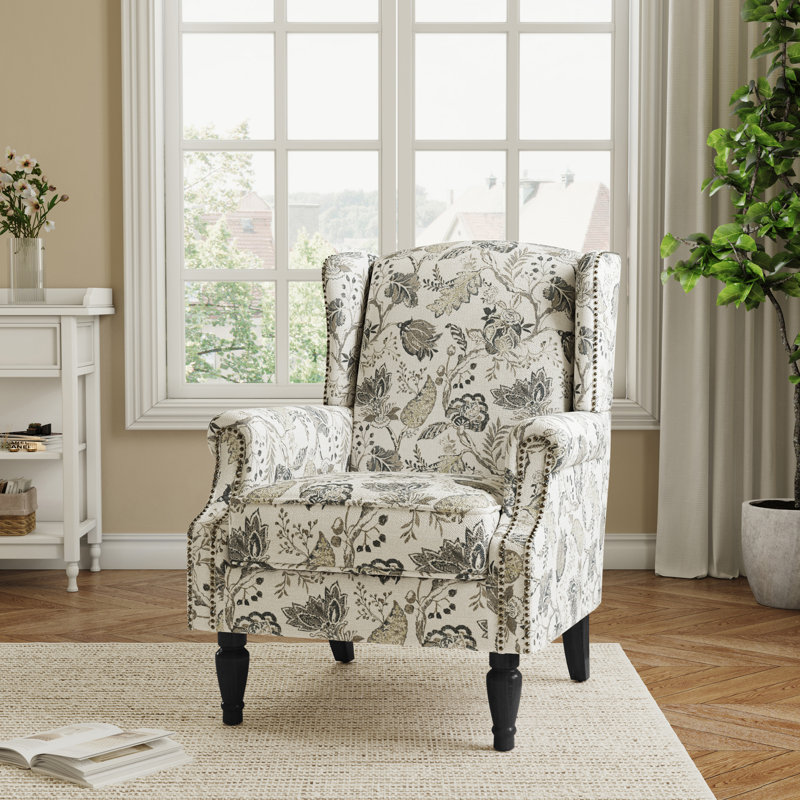 Upholstered Accent Chair, Plants Beige Polyester/Walnut