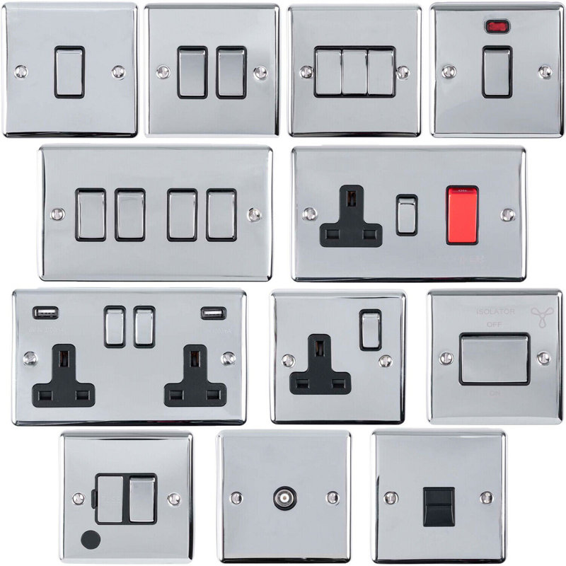 230v & 115v Shaver Twin Socket Wall Plate  Grey Trim 86mm x 146mm, Silver/Black, Chrome