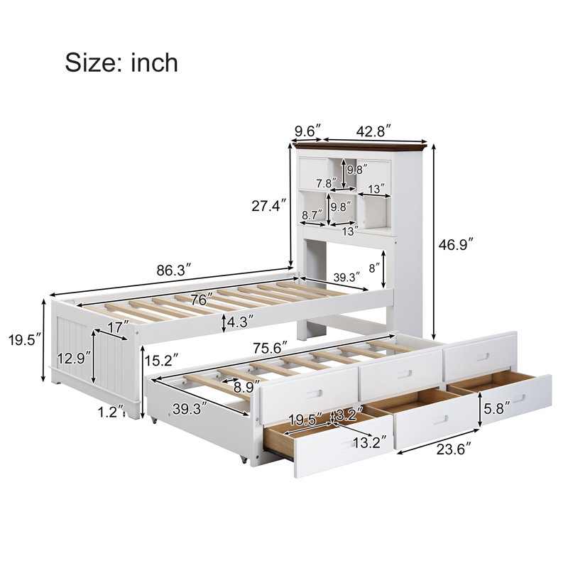Solid Pine Captain Bookcase Bed With Trundle Bed And 3 Spacious Under Bed Drawers In Casual,Full, White+Walnut, Twin