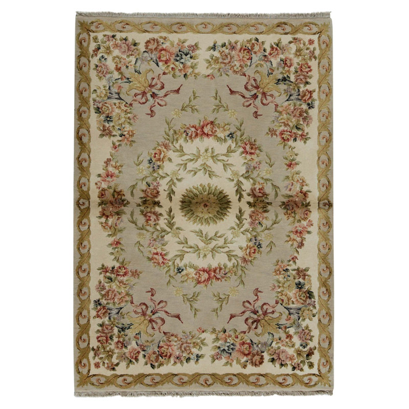 Tapis gris et ivoire noué à la main de haute qualité