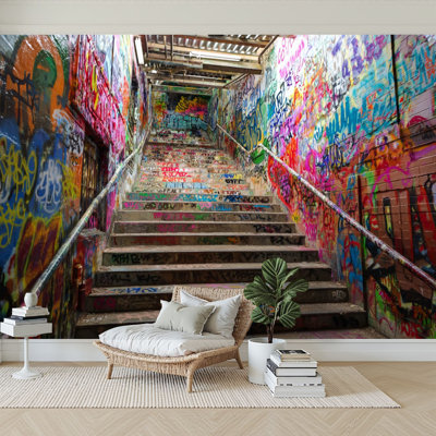 Peel and Stick Wallpaper 96" W x 69" H Modern Self Adhesive Wall Mural for Bedroom Stairway Tunnel Filled Graffiti Painting