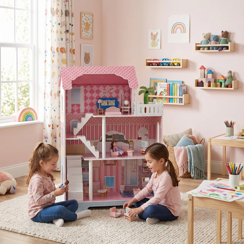 Maison de poupée en bois à 3 étages avec 15 accessoires, toit et fenêtres pour enfants de 3 ans et plus