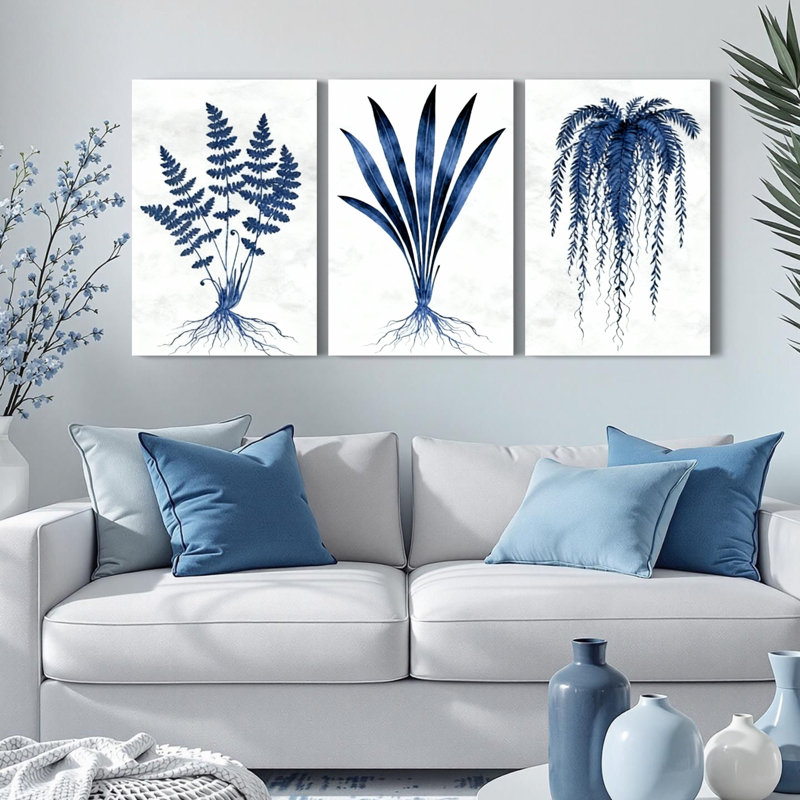 Toile murale tendue représentant une fougère et des plantes botaniques bleues (lot de 3), H 36 po x l 72 po