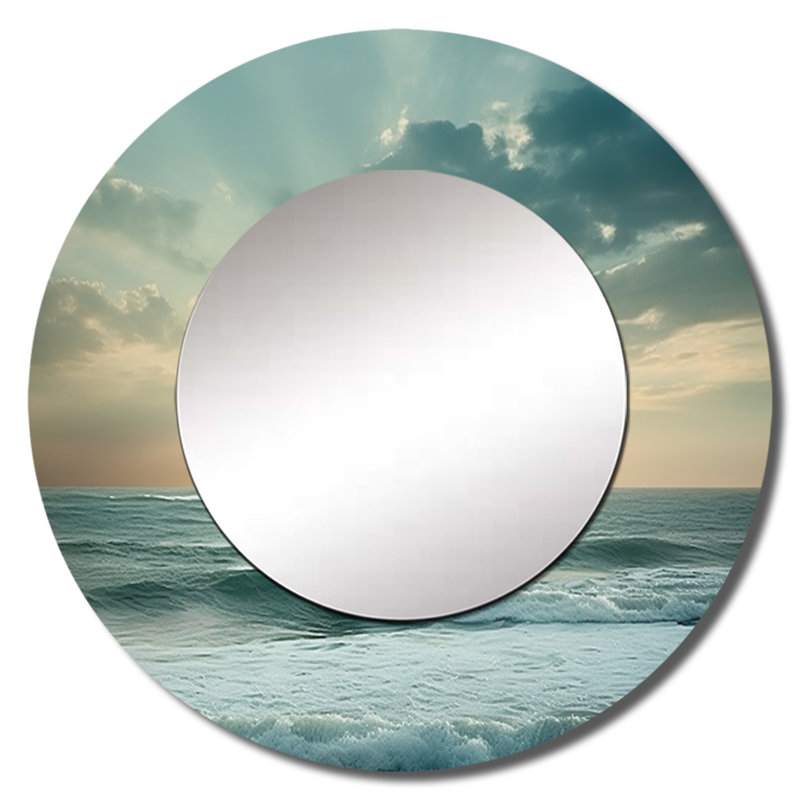 Rici Coastal Waves Scenery View - miroir mural Waves, miroir décoratif rond côtier, impression d'art en métal, 29 po x 29 po