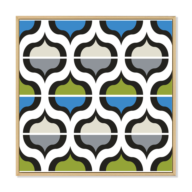 «Green and Blue Retro Geometrics», impression sur toile, H 16 po x l 16 po, Cadre flottant en érable