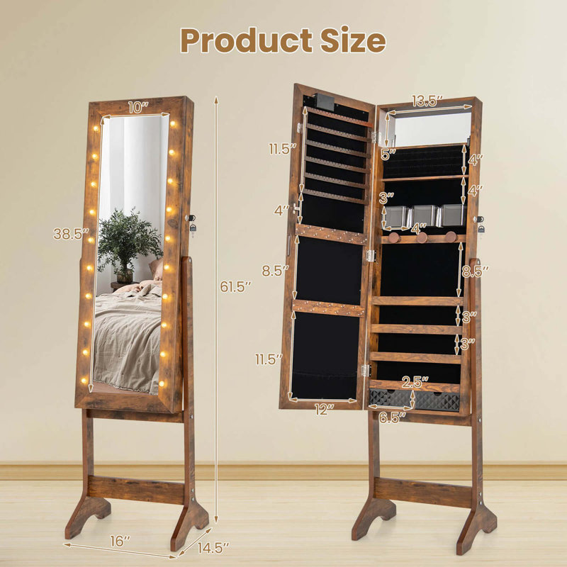  Armoire à bijoux avec miroir à DEL avec 20 lumières DEL, Brun