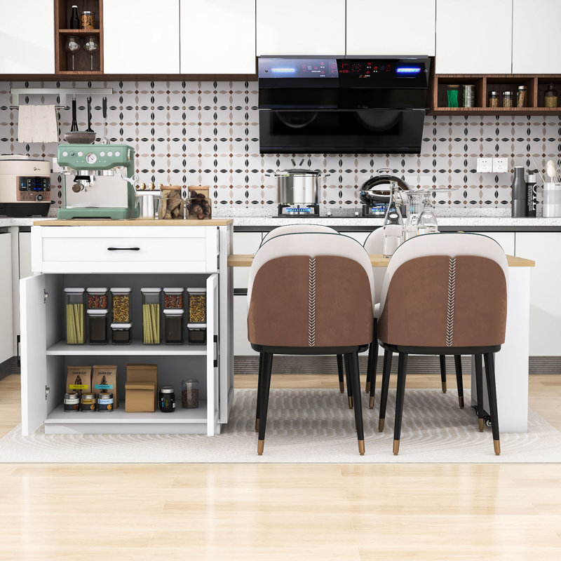 Devinder Wooden Kitchen Island with Extendable Dining Table, Built-in Charging Station and Ample Storage, White