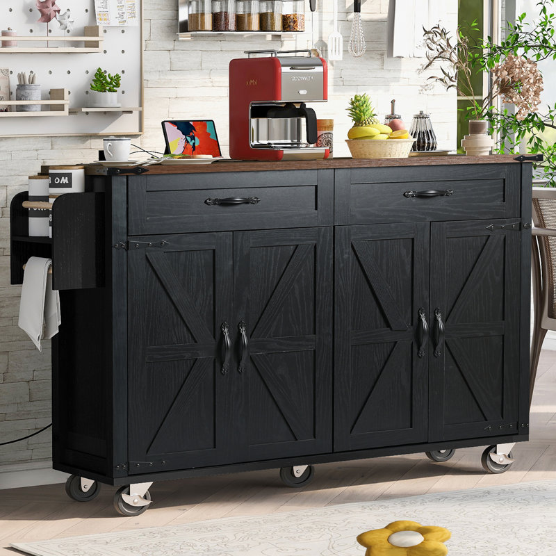 Farmhouse Kitchen Island with Power Outlet and Drop Leaf, Black