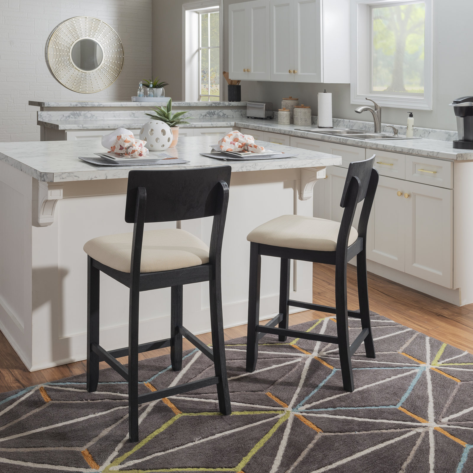 Andelo Bar Stool, Counter Stool (24" Seat Height), Beige Seat/Dark Charcoal Frame