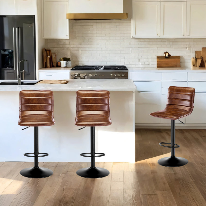 16.3"Wide Adjustable Height Swivel Bar Stool With Faux Leather Upholstery, 3, Yellowish Brown
