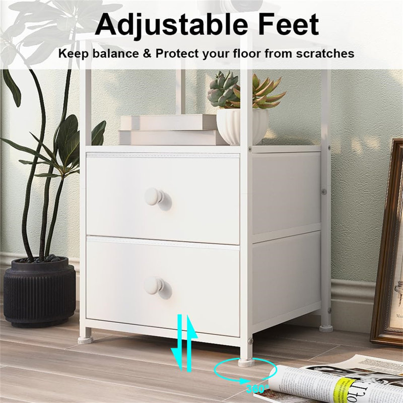Bedside Table With Charging Station, LED Light And 2 Fabric Drawers