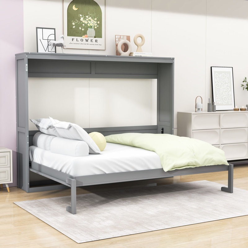 Armoire murale Murphy avec lattes et pieds, Grand lit, Gris
