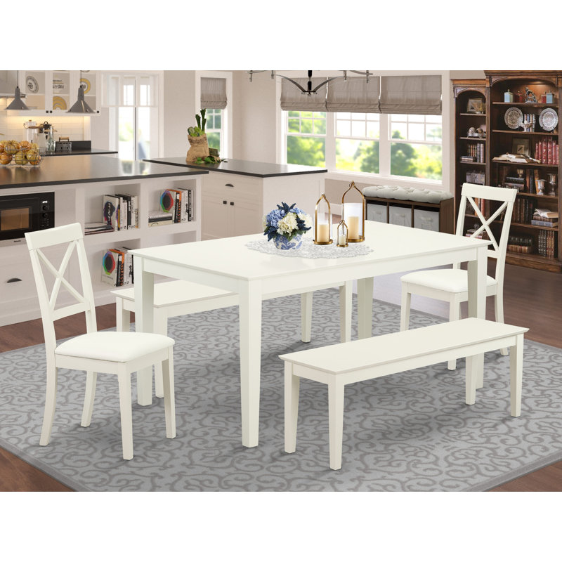 L'ensemble de table de salle à manger 5 pièces pour 4 personnes comprend une table de cuisine rectangulaire et 2 chaises de salle à manger en similicuir avec 2 bancs, blanc lin