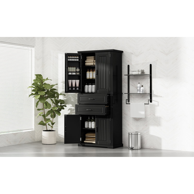 [Vidéo] Armoire de rangement avec espace de rangement multifonctionnel, portes avec tablettes de rangement, 2 tiroirs, tablette réglable, noir