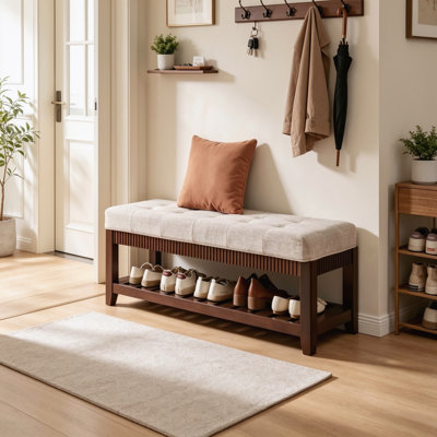 Banc d'entrée en bois massif, banc à chaussures en bois d'hévéa massif avec coussin rembourré et étagère à chaussures inférieure, banc de rangement capitonné pour hall d'entrée, couloir ou salon