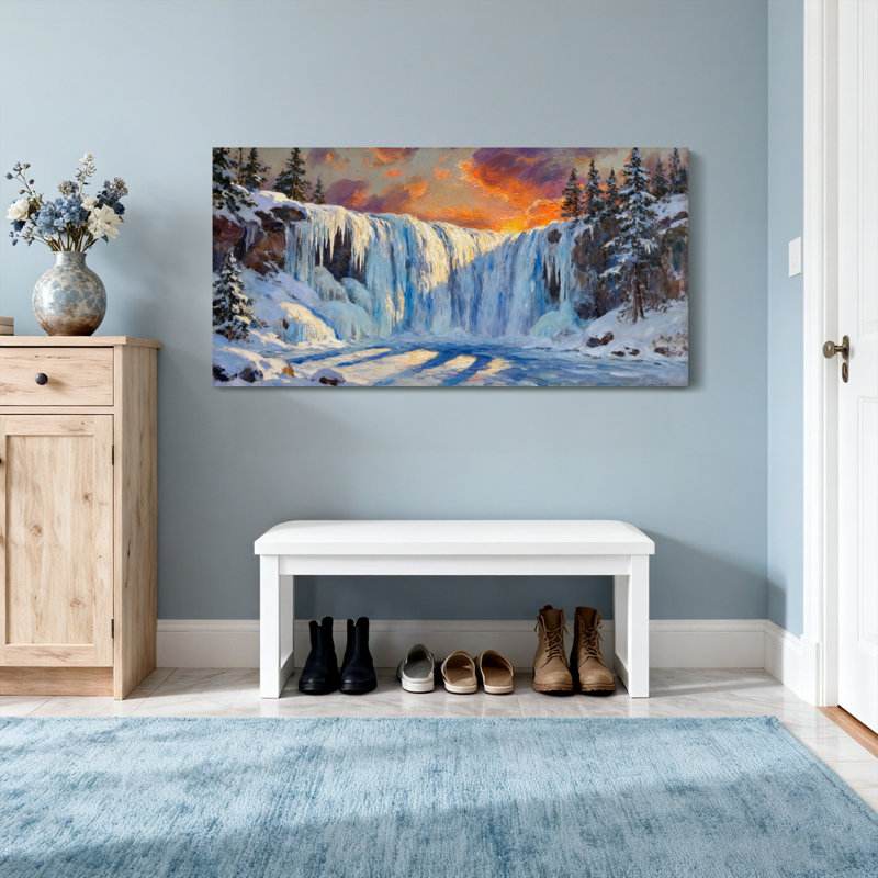 «Christmas Winter Waterfall Sunset Landscape», reproduction d'art sur toile, H 16 po x l 32 po