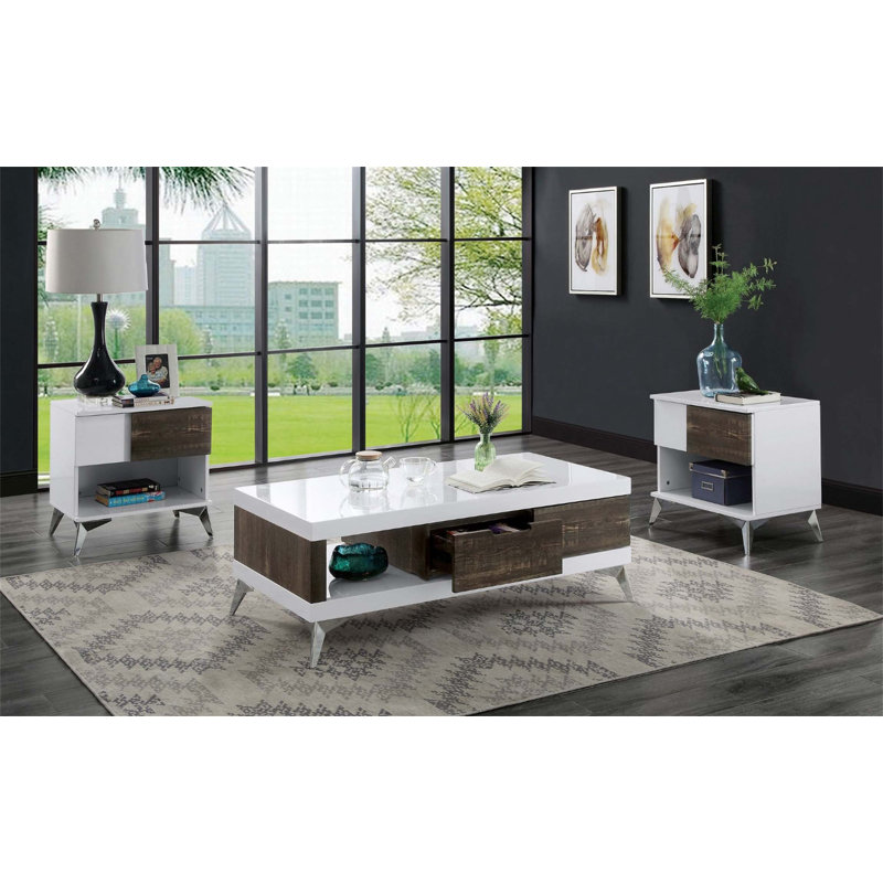 Table de bout moderne et contemporaine avec tablette ouverte, tiroir et pieds en acier, finition blanche et chêne, design ultrabrillant
