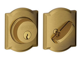 Single Cylinder Deadbolt with Camelot Trim, Antique Brass
