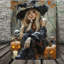 2D Flat Canvas Art Featuring a Halloween Witch with a Hat, Blonde Hair, Pumpkins, And Skulls.-1719494078