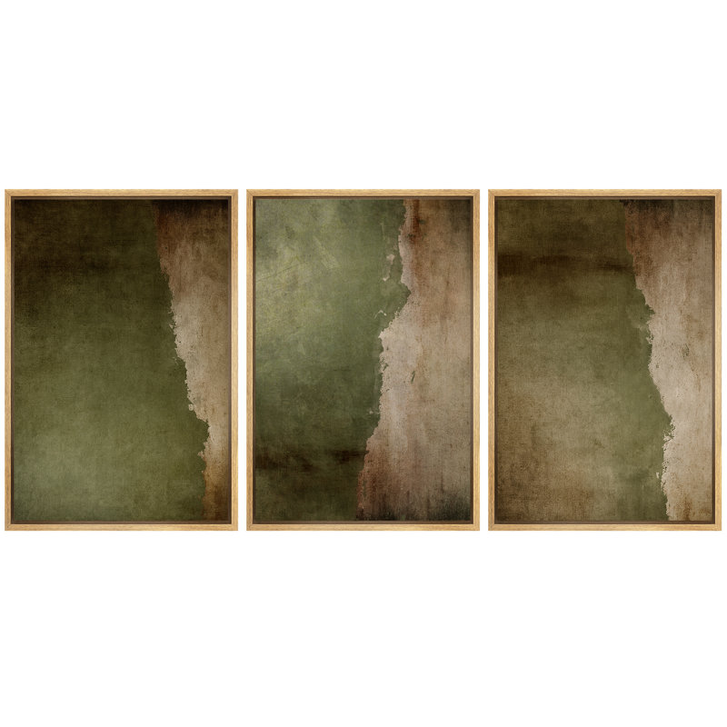 Subtile vert olive abstrait terre tons triptyque, H 36 po x l 72 po, Cadre naturel