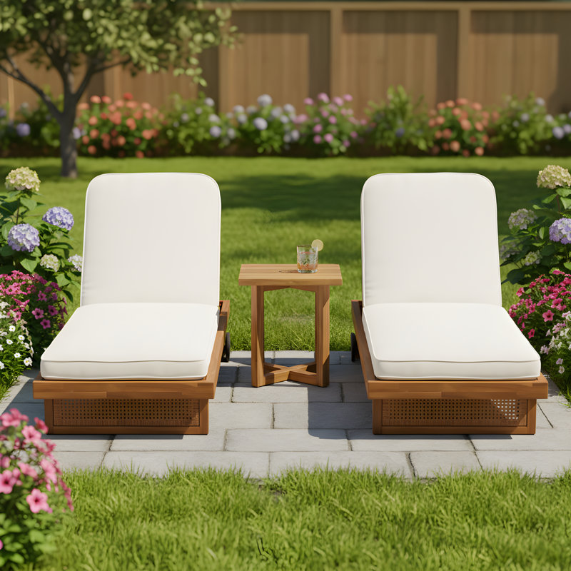 Joshua Patio 3-Piece Acacia Wood Chaise Lounge With Pe Rattan & Cross-Stretcher Side Table Set