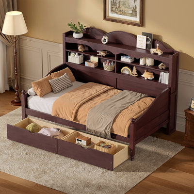 Twin Daybed With Storage Drawers, Wooden Twin Day Bed With Storage Headboard Shelving, Retro Style Daybed For Bedroom,Living Room,Guest Room,No Box Spring Needed, Easy Assembly,Espresso