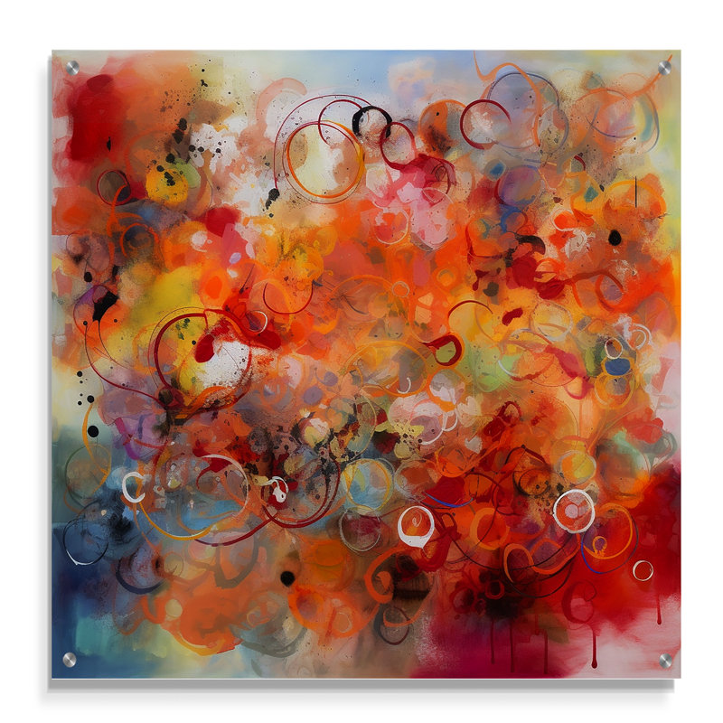 Orange orange rouge marbré Dreamscape I - art abstrait géométrique en acrylique, H 16 po x l 16 po
