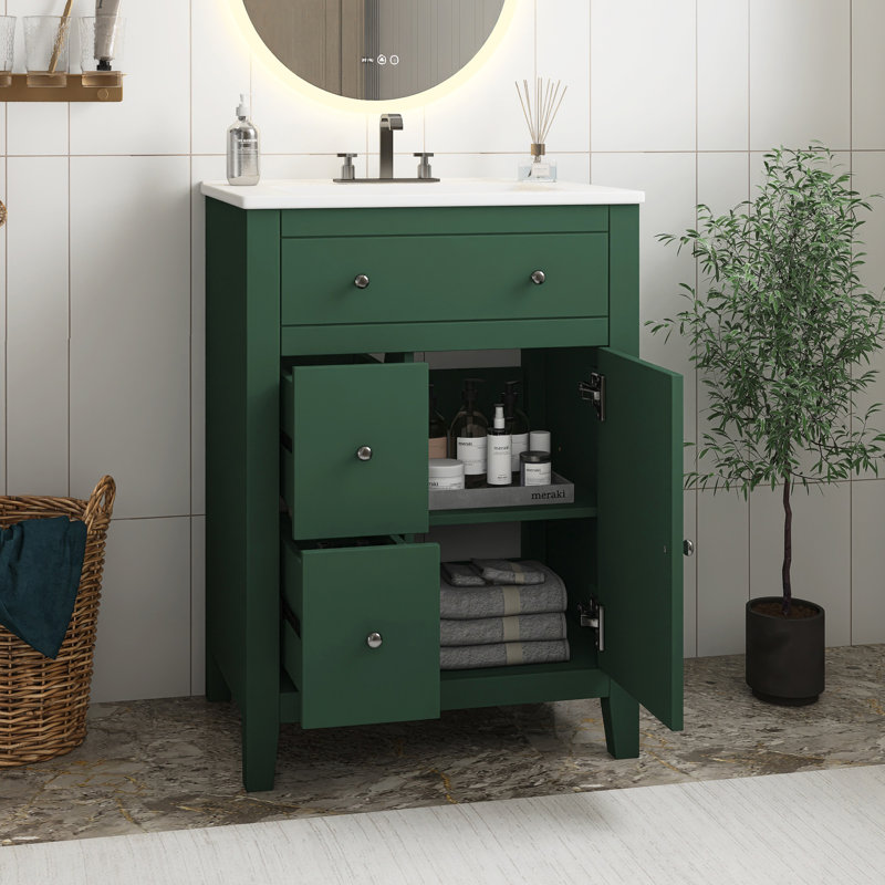 Meuble-lavabo de salle de bain moderne 24 po avec lavabo en céramique et 2 tiroirs Green, Vert