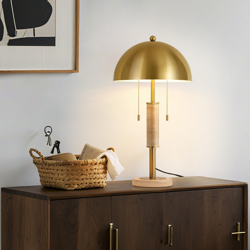 24 in 2-Light Modern Metal Plug-in Table Lamp with Double Pull Chain Marble Base and Dome Shade