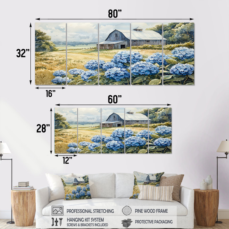 Champ d'hortensias dans la cour de ferme - Art mural hortensia - Art mural traditionnel sur toile, H 32 po x l 80 po, 5