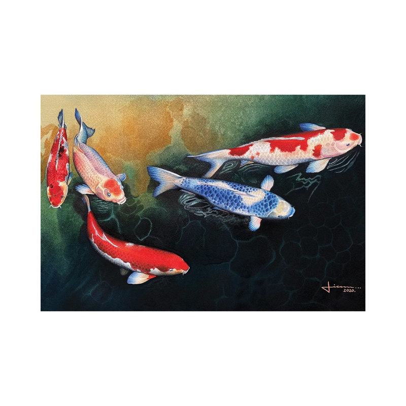 Red And Blue Koi by Liam Kumawat - Wrapped Canvas Painting, 20.32 cm H x 30.48 cm W
