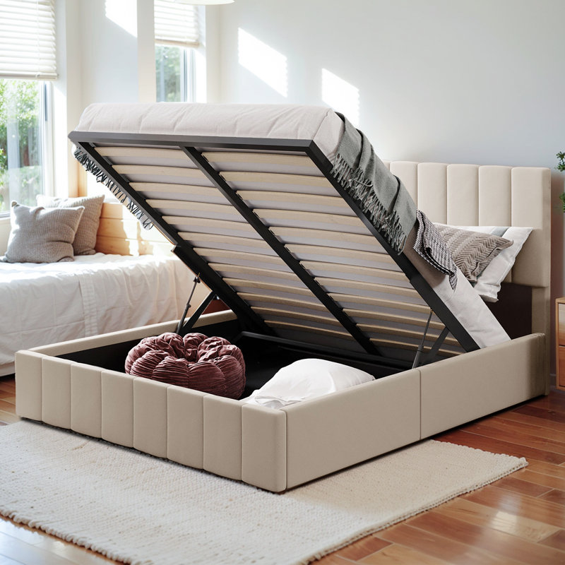 Structure de lit sophistiquée avec système de rangement hydraulique sous le matelas, Beige, Grand