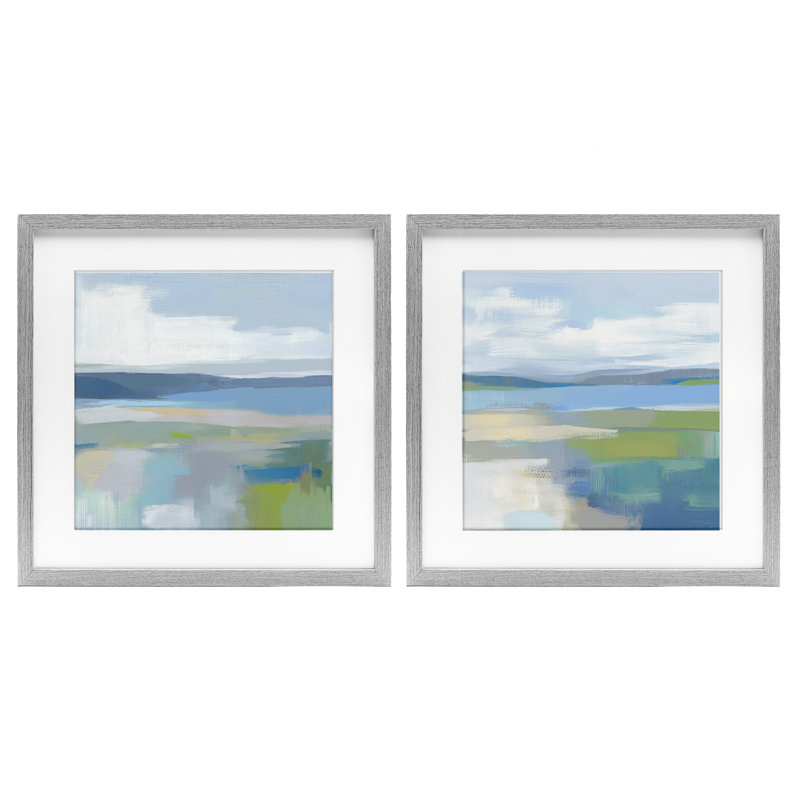 «Brushed Quiet Cove Landscape», ensemble de 2 impressions encadrées sous verre, design par Mona Grace, Cadre de ferme gris