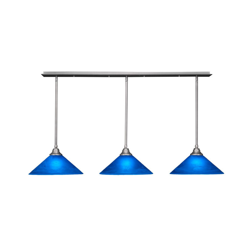 3 Light Stem Hung Linear Pendalier Shown With 16" Blue Italian Glass, Brushed Nickel