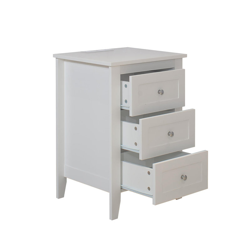 Table de chevet blanche à 3 tiroirs avec station de charge et ports USB et prises de courant, table de chevet / table de bout moderne en bois