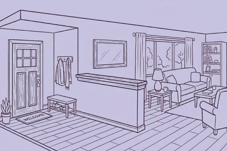illustration of a pony wall dividing a living room and entryway