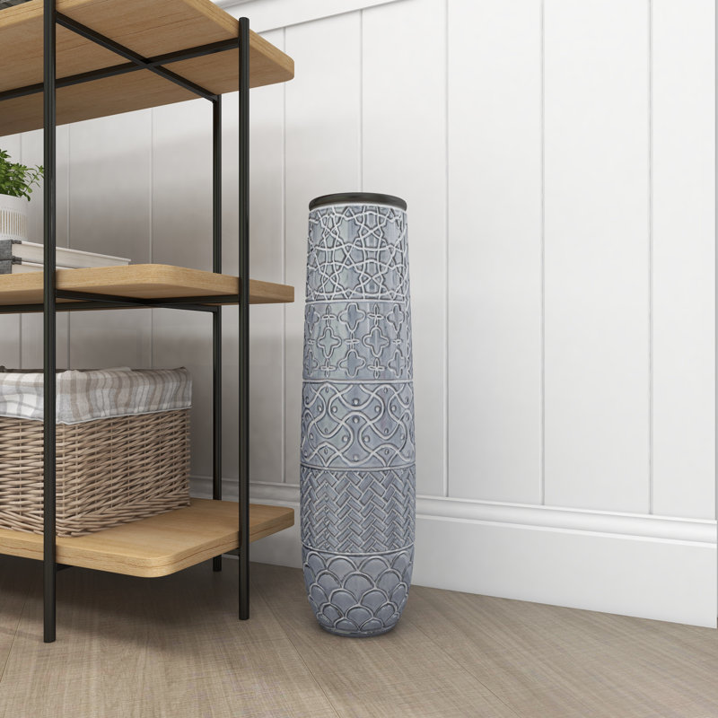 Gray Ceramic Eclectic Decorative Floor Vase with Patterns, 22"