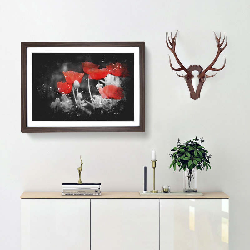 Red Poppy Field - Picture Frame Graphic Art Print, Walnut Framed, 62cm H x 87cm W x 2cm D