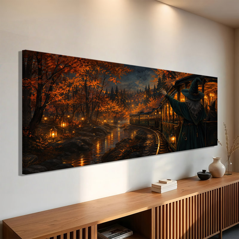 Tableau sur toile représentant une sorcière d'Halloween, une ville illuminée et magique, imprimée sur toile. Grande œuvre d'art gothique et effrayante pour la décoration du salon, de la chambre et de la maison. Cadeau idéal pour les amis, la famille, un anniversaire ou Noël.