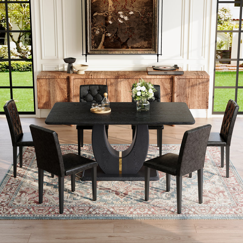 Ensemble de table de salle à manger noir spacieux avec 6 chaises modernes pour la cuisine