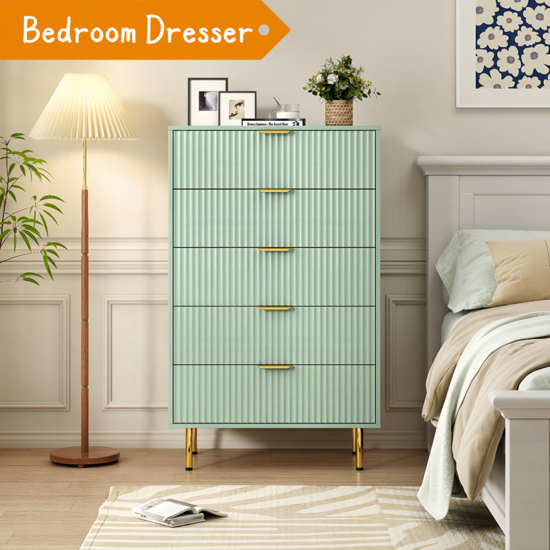 Commode 5 tiroirs Sage, Vert sauge