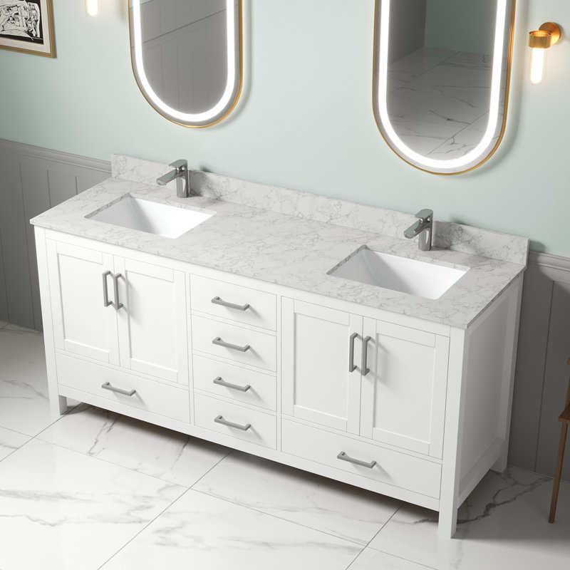  Meuble-lavabo 72 po: deux plateaux de lavabo à surface solide résistants aux taches, 6 tiroirs internes, installation facile