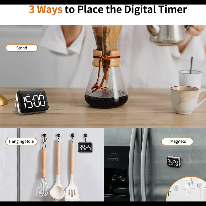 VOCOO Magnetic Kitchen Timer For Cooking With Count Up Countdown, Digital Timer Battery Powered With Large Display, 2 Brightness And Volume Levels For Classroom, Teacher, Kids