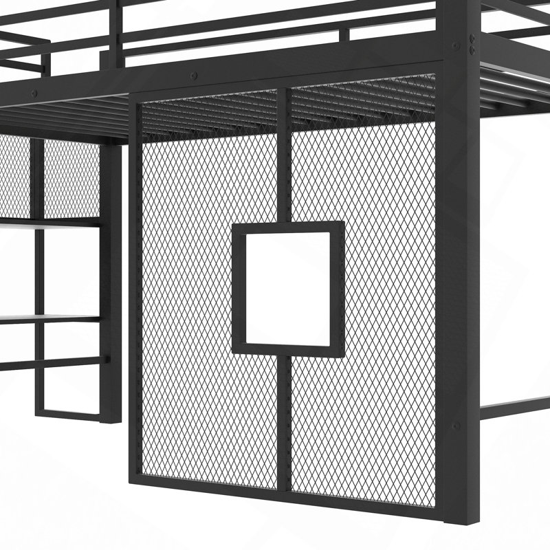 Base de lit mezzanine basse en métal avec escalier de rangement et filet de fer