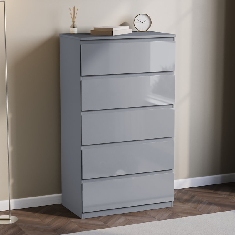 Oslo 5 Drawer High Gloss Chest, (FSC 100%), Bedroom Home Storage Furniture, Grey